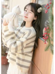 Áo Len Dệt Kim Cổ Tròn Dáng Rộng Kẻ Sọc Phong Cách Hàn Quốc Cho Nữ Mùa Thu Phong Cách Nhật Bản Lười Biếng Ngọt Ngào Giảm Tuổi
