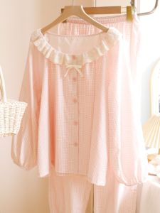 Nguyên Chất Cotton Vải Bông Ren Viền Kẻ Caro Tay Dài Nữ Đồ Ngủ Quần Áo Mỏng Thoải Mái Ở Nhà Bộ Đồ Gia Đình Phong Cách Rộng Rãi Cỡ Lớn Dễ Thương