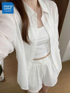 Jeanswest | Bộ Áo Sơ Mi và Quần Short Mỏng Nhẹ Phong Cách Dễ Dàng Mùa Hè Màu Trắng