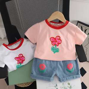 Girls Summer Cotton Outfit Short Sleeve Pants Fashionable Child Clothing Set Korean Style Plant Floral Print A-Class Safety Thin Model Shot