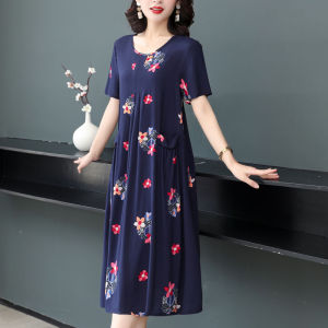 ชุดนอนผู้หญิงผ้าไหมคอตตอนลายดอกไม้ ทรงหลวม แขนสั้น กระโปรงยาวปานกลาง ฤดูร้อน 2025 ชุดนอนผ้าฝ้ายเทียม