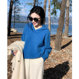BINKAFENNY | เสื้อสเวตเตอร์ถักมีฮู้ดแบบสวมหัวสีน้ำเงิน Klein สำหรับผู้หญิง ฤดูใบไม้ร่วง/ฤดูหนาว เสื้อคลุมกันหนาวแบบหนาสำหรับใส่กลางแจ้ง เสื้อคลุมแบบลำลอง
