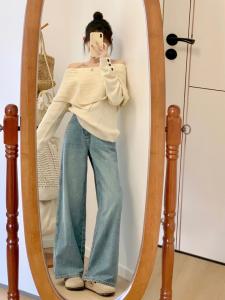 Retro Light Wash สูง เอว ขากว้าง ลำลอง เดนิม กางเกงยีนส์ ผู้หญิง ฤดูใบไม้ร่วง ฤดูหนาว หลวม พรางหุ่น Drape Straight กางเกงขายาว