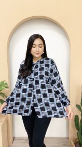 Blouse Motif Kotak Rayon Atasan Wanita Full Kancing