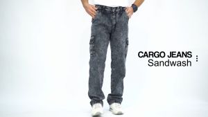 Gizmo Celana Cargo Jeans Pria Loose fit reguler gombrong / Long cargo pants Black Sandwash