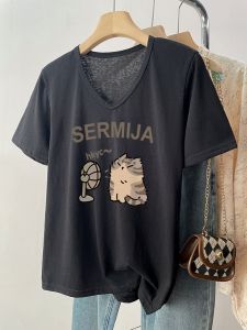 Fashionable Knitted Bamboo Cotton Short Sleeve T-Shirt Womens Summer plus Size Ice Silk Casual Print Korean Style Top