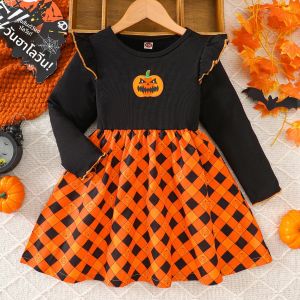 ชุดปาร์ตี้ฮาโลวีนสำหรับเด็กผู้หญิงลายฟักทองสี่เหลี่ยมขนมเปียกปูนเย็บผ้าแขนยาวชุดเหมาะสำหรับเด็กผู้หญิงอายุ 1-8 ปี