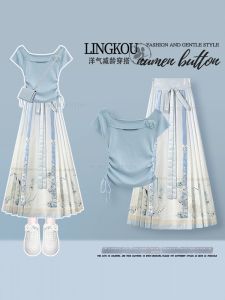 NUMEN BUTTON | Large Size Cool Sensation Unique and Slim Set T-Shirt and Horse Face Skirt
