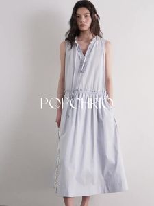 POPCHRIO | Đầm Dài A-line Vải Cotton Sạch 100% Có Dây Nịt Gỗ Cổ Tim