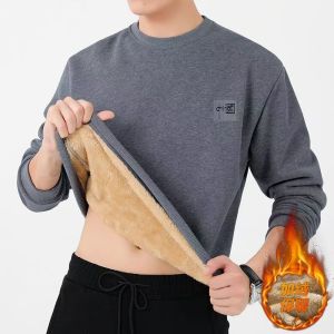 Áo Nỉ Dày Lót Lông Cừu Cổ Tròn Thời Trang Mùa Đông Cho Nam Trung Niên Và Người Cao Tuổi Áo Khoác Ngoài Màu Đen Thường Ngày