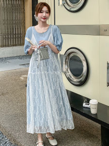 YINLUOYA | ชุดเดรสเกาะอกลูกไม้สไตล์เกาหลี ชุดสองชิ้น แขนสั้น คอกลม สำหรับผู้หญิง ชุดฤดูร้อน 2025 ชุดเดรสแฟชั่นที่กำลังฮิต