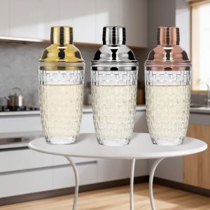 Glass Cocktail Shaker Woven Texture Glass Stainless Steel Lid Cocktail Glass with Leak-Proof Metal Steel Lid and Strainer