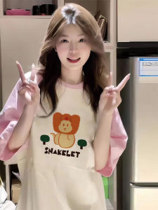 เสื้อยืดแขนสั้นผ้าฝ้ายแท้สำหรับผู้หญิงในช่วงฤดูร้อน คอลเลกชันใหม่ 2025 เสื้อแขนสั้นผู้หญิง แฟชั่นเกาหลี ลายพิมพ์ ทรงหลวม ปกติ