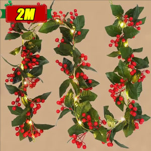 2M Artificial Holly Leaf Vine / Artificial Red Berry Holly Leaves DIY Rattan Wreath / Christmas Berry Garland Xmas Tree Hanging Ornaments / Xmas New Year Home Decor