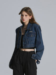 Dblike หวาน แผ่นรองไหล่สั้นเท่ เดนิม เสื้อแจ็คเก็ต ลำลอง หลากหลาย แจ๊กเก็ตยาว แขนเสื้อ ประเภทท่อตรง ผ้าฝ้าย Blend