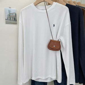 เสื้อยืดคอกลมแขนยาวผ้าฝ้ายผสมผ้าโพลีเอสเตอร์และยางยืดสำหรับผู้หญิง ฤดูใบไม้ผลิและฤดูใบไม้ร่วง ทรงหลวมสบายๆ ปักลาย แฟชั่นสตรี