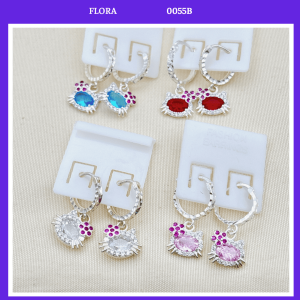 FLORA 0055B - Bông tai bạc ta hình mèo Hello Kitty đá màu xanh da trời đỏ trắng hồng dành cho bé gái