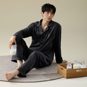 Mens Striped Sleepwear Casual Cotton Long Sleeve Shirt And Pants Set Autumn Season Pure Cotton Home Clothes Spring Autumn Style