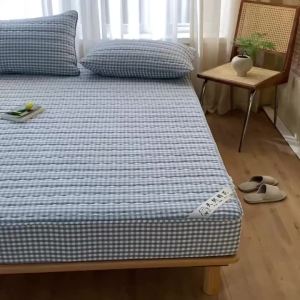 Plaid Mattress Protector Cotton Top Quilted Fitted Bed Cover Hypoallergenic Antibacterial Anti-Mite Silent Mattress Cover