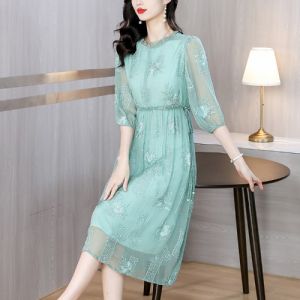 MAIMEI | Elegant Mommy Brand Summer Dress Luxury Embroidery High Waist Midi Skirt Womens Authentic Gown Ladylike Style Lantern Sleeve