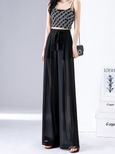 FIGHT FISH | Black Mesh Pants Women Summer Thin Ice Silk High Waist Drapey Wide Leg Skirts Style Air Conditioning Loose Fit Polyester Fiber