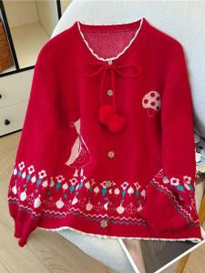 Red Knitted Christmas Atmosphere Loose Womens Sweater Large Size Winter Clothes Warmth Heating Functional round Neck Single Button