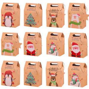 6/12pcs Christmas Kraft Paper Candy Gift Box with Tag Cookie Snack Packing Bags Christmas Party Home Decorations New Year Gifts