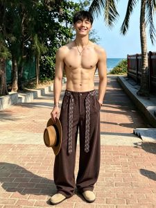 OUMULONG | Old Money Style Coffee Color Flax Cotton Comfortable Wide Leg Summer Breathable Trousers