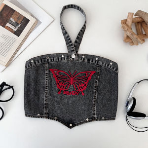 Áo Ba Lỗ Ngắn Thêu Bướm Cổ Treo Không Đều Cho Nữ Mùa Hè 2024 Áo Ba Lỗ Cổ Treo Thon Gọn Màu Trơn Chất Liệu Khác