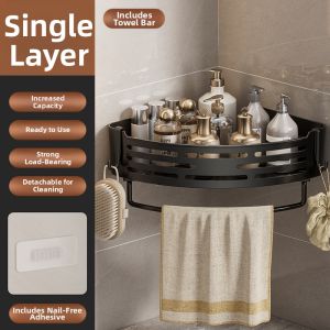 MANJIELI | No-Drill Wall-Mounted Bathroom Storage Rack