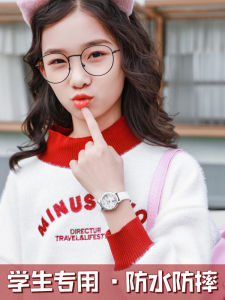 Childrens Waterproof Anti-Fall Cartoon Pointer Style Electronic Watch Girls Leather Strap Quartz Movement round Face School Watch