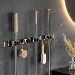 Onetwone Mop and Broom Holder Wall Mounted Mop Organizer Space Aluminum Heavy Duty Hooks Hanger Kitchen Bathroom Organizer