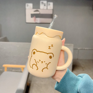 Cute Fufu Ceramic Mugs with Straws Ins Coffee Couple Water Cups Girl Heart High Value Stainless Steel 1000ml Capacity