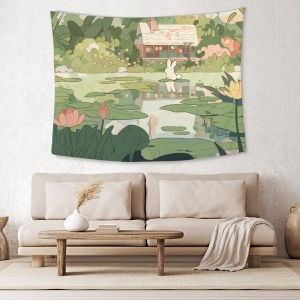 VIKAMA Healing Lotus Pond Little Rabbit Tapestry Fresh Forest Background Cloth Girl Living Room Decoration Room Decoration