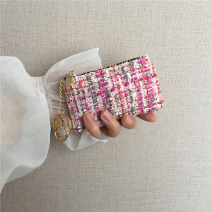 Key Case Compact Card Holder Female Classic Style Tweed Zipper Coin Pocket Key Bag Car Key Ring Lipstick Pack