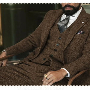 3 Piece (Jacket +Vest +Pants) Gray Wool Tweed Winter Men Suits For Wedding Herringbone Male Formal Groom Tuxedo Fashion