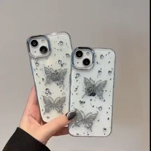 3D ฝังฟอยล์เงิน กาวหยด เคสศัพท์สองผีเสื้อ สำหรับ iPhone 11 12 13 14 15 16 Pro Max Plus เคสโปร่งใสสำหรับ iPhone 13