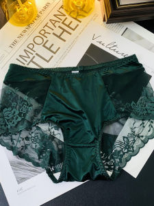 กางเกงชั้นในผ้าซาตินสีเขียวเซ็กซี่สำหรับผู้หญิง ทรงสามเหลี่ยม ความยาวปานกลาง ทรงหลวม ระบายอากาศได้ดี กางเกงชั้นในผ้าฝ้ายผสมโพลีเอสเตอร์