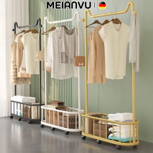 Double-Layer Rolling Clothes Rack with Bottom Storage Basket Portable Garment Rack with Wheels Metal Simple Modern 60cm/80cm/100cm White/Black Laundry Accessory Compact & Versatile Sizes Ideal for Office Living Room or Bedroom - Shelf Hangable