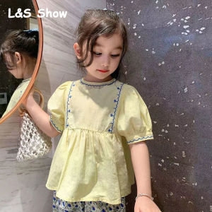 LS Show Girls T-shirt Two-piece Summer Short Sleeve Mosquito Repellent Pants Bubble Sleeve Set Baby Princess Style Top Childrens Two-piece Set