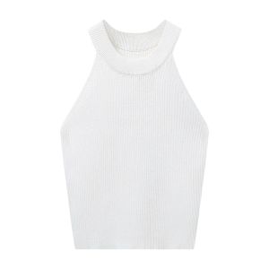 YUEZHONGWEI | White Ice Silk Knitted Strap Vest Women Summer Outdoor Wear Slim Fit Short Sleeveless Top Round Neck Splice Style Commute Fashion