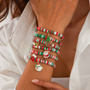 KunJoe New Fashion Christmas Bracelets Set Women Christmas Tree Santa Claus Snowman Pendant Bracelet Elasticity Beaded Bangle