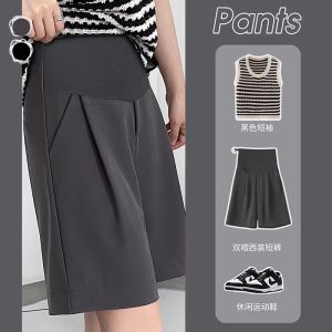 Quần Short Công Sở Màu Đen Cho Bà Bầu Mùa Hè Mỏng Quần Ống Rộng Năm Điểm Mặc Ngoài Trời Quần Thường Ngày Cho Phụ Nữ Mang Thai