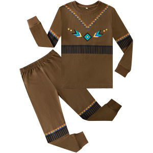 ชุดนอนผ้าฝ้ายสำหรับเด็กผู้ชายชุดคอสตูม Biwan Ng Wika ชุดคอสตูมฮาโลวีนอินเดียพื้นเมืองชุดเสื้อผ้าสีน้ำตาลสำหรับเด็กผู้ชายชุดเสื้อผ้าแขนยาว