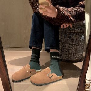 Cowhide Version ~ Sanxi Same Style Birkenstock Fleece-Lined Fluffy Shoes Womens Fall and Winter Big Cotton Shoes Snow Boots Thick Sole Birkenstock Shoes