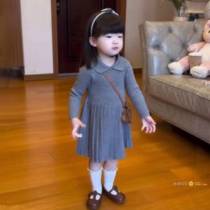 Korean Style School Uniform Long Sleeve Knitted Pleated Dress for Girls Autumn Collection Fashionable Slim Fit Turn-down Collar