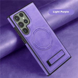 Luxury Wireless Charging Leather Phone Case For Magsafe Samsung S22 S23 Plus S24 Ultra Magnetic Back Cover Holder Stand
