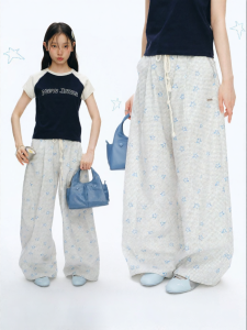 JNXS | Light Blue Plaid Star Printed Drawstring Waist Wide Leg Casual Pants