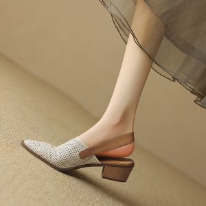 Soft Leather Hollow out mid Heel Sandals Womens Shoes Summer New Style Thick Heel Buckle Strap Fashionable Casual Sandals