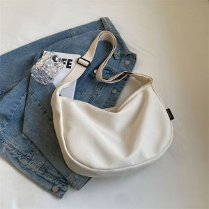 Large Capacity Canvas Shoulder Bag Womens Fashionable Versatile Wide Strap Crossbody Bag Dumpling Shape Soft Fabric Bag